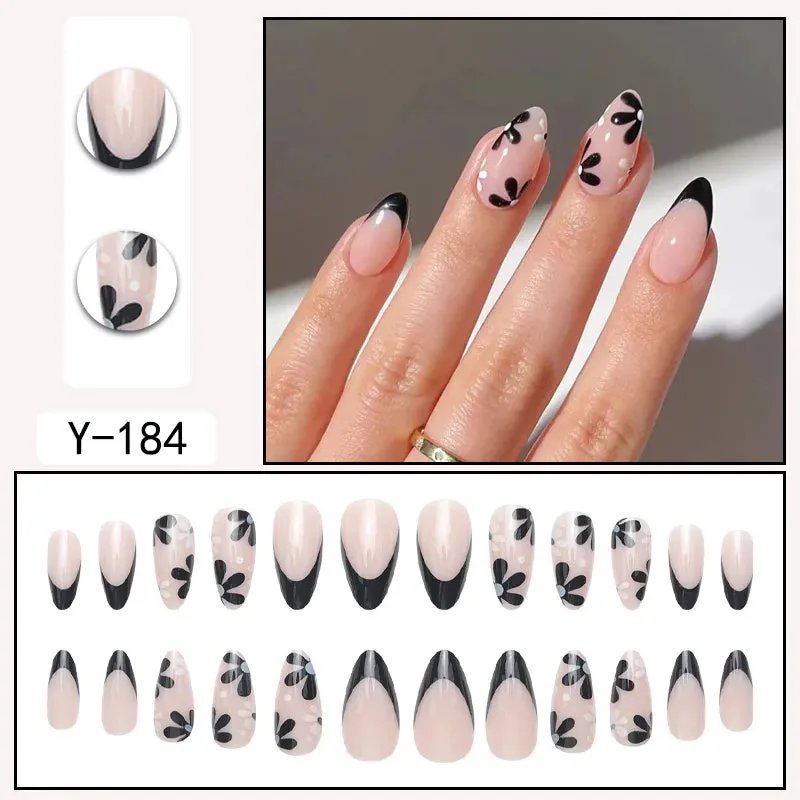 TEEK - 24 Long Almond Black French Petal False Nails