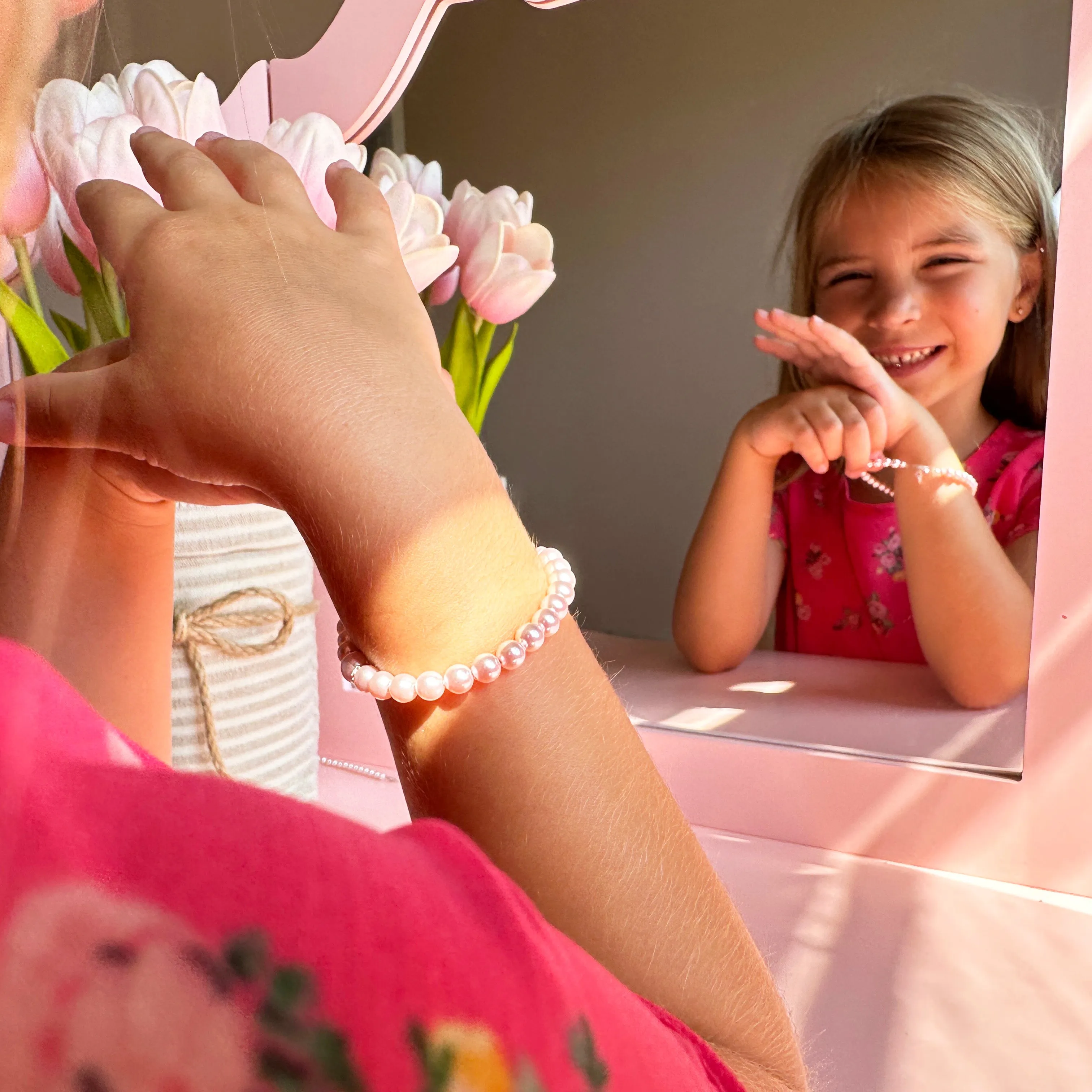 Teen Girl Bracelets with Pink Pearl & Silver Daises