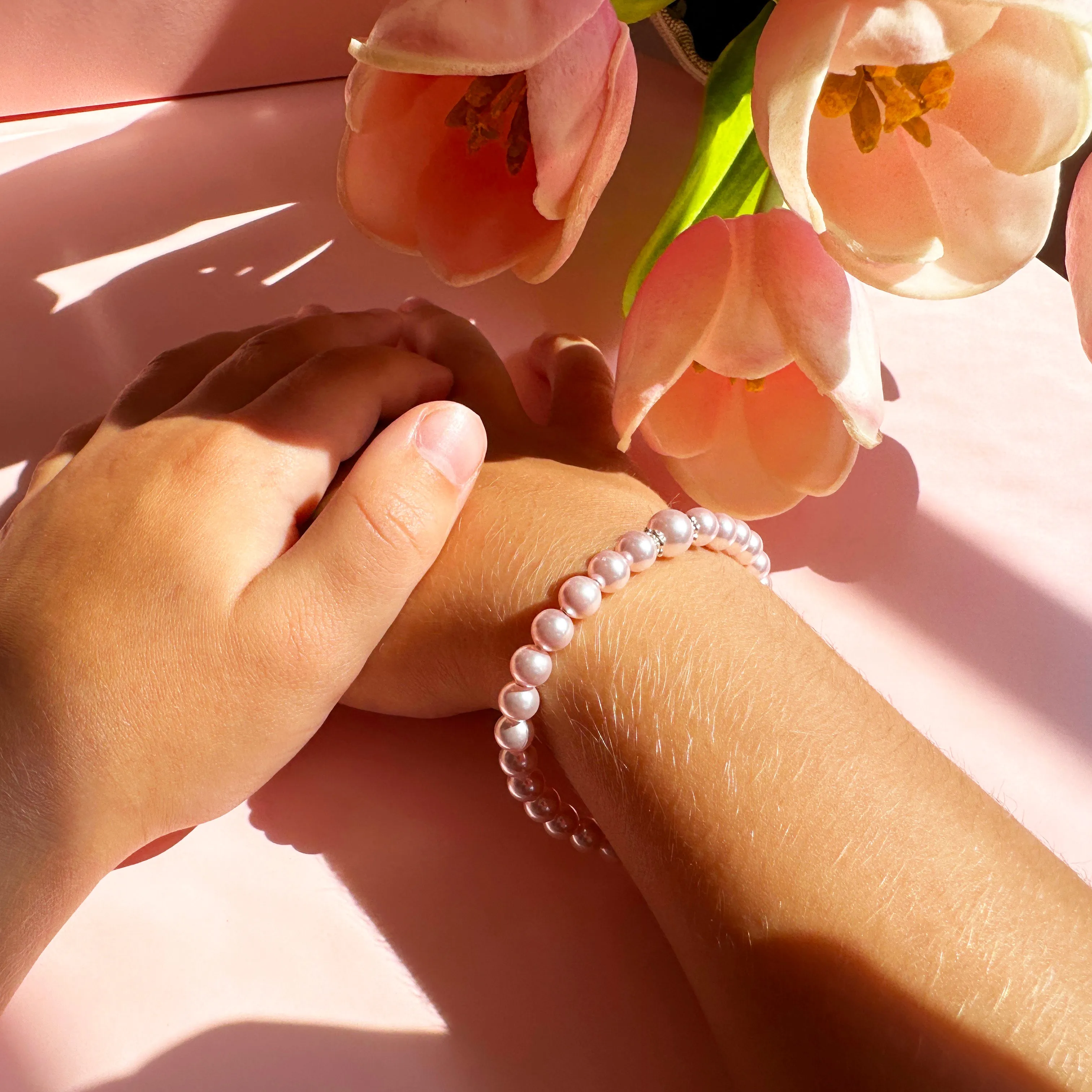 Teen Girl Bracelets with Pink Pearl & Silver Daises