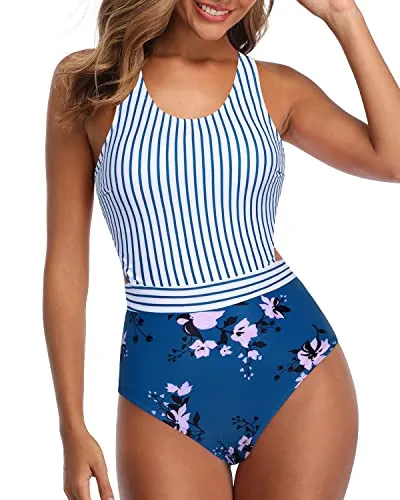 Teen Girls Tummy Control Cutout Bathing Suit-Blue Floral