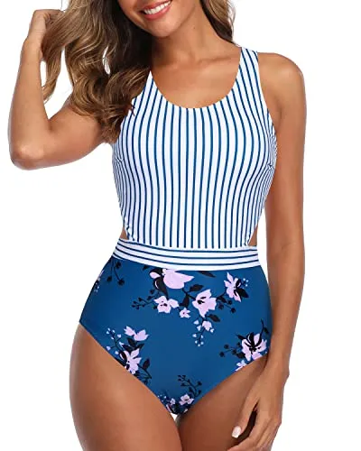 Teen Girls Tummy Control Cutout Bathing Suit-Blue Floral