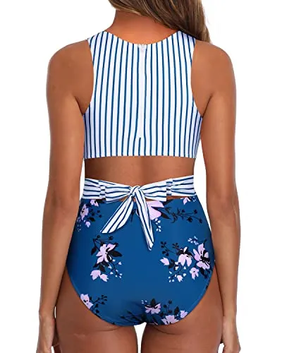 Teen Girls Tummy Control Cutout Bathing Suit-Blue Floral