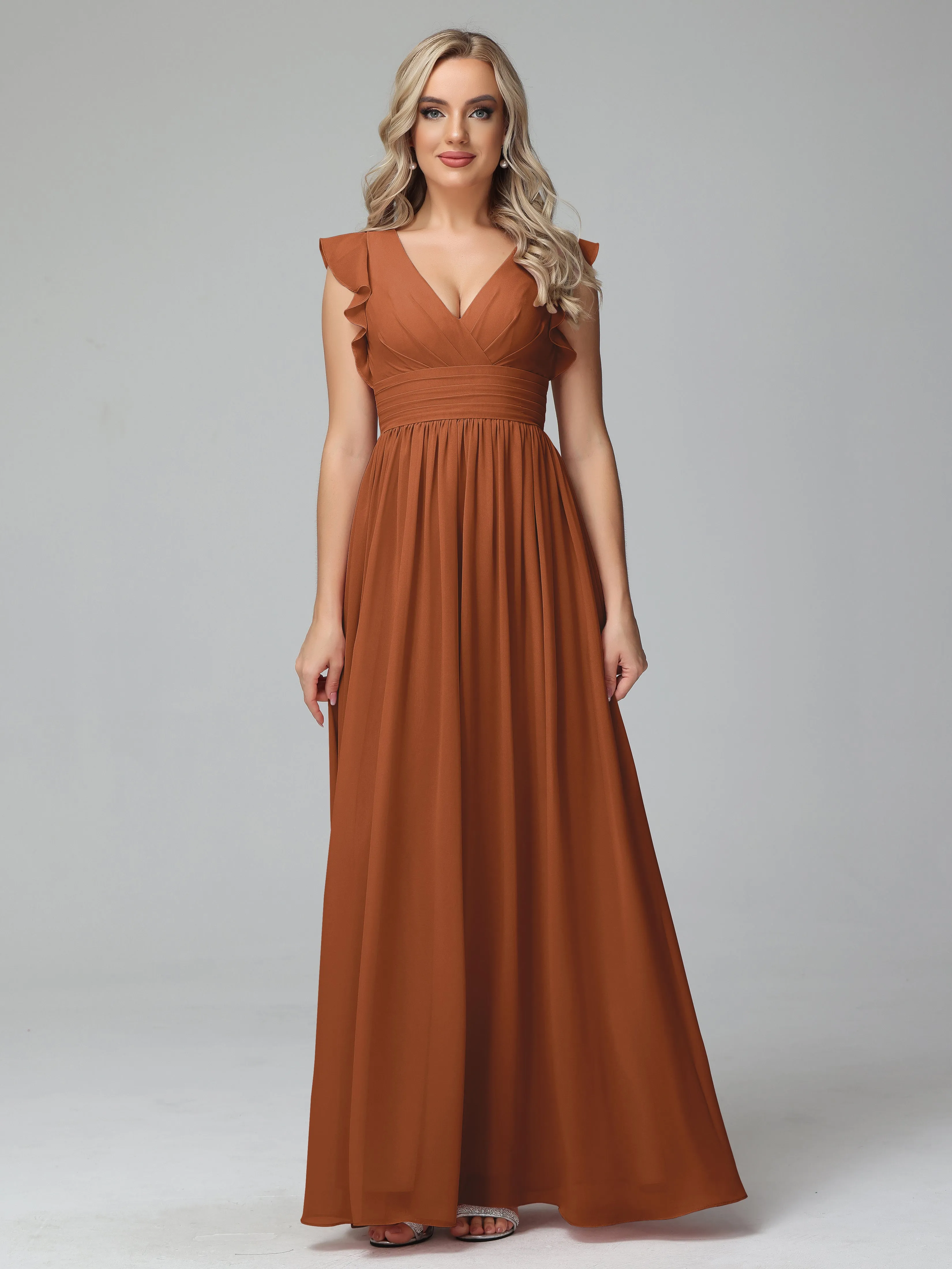 Terracotta Bridesmaid Dresses Bonnie V-Neck Chiffon Bridesmaid Dresses With Ruffle Sleeves