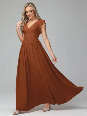 Terracotta Bridesmaid Dresses Bonnie V-Neck Chiffon Bridesmaid Dresses With Ruffle Sleeves