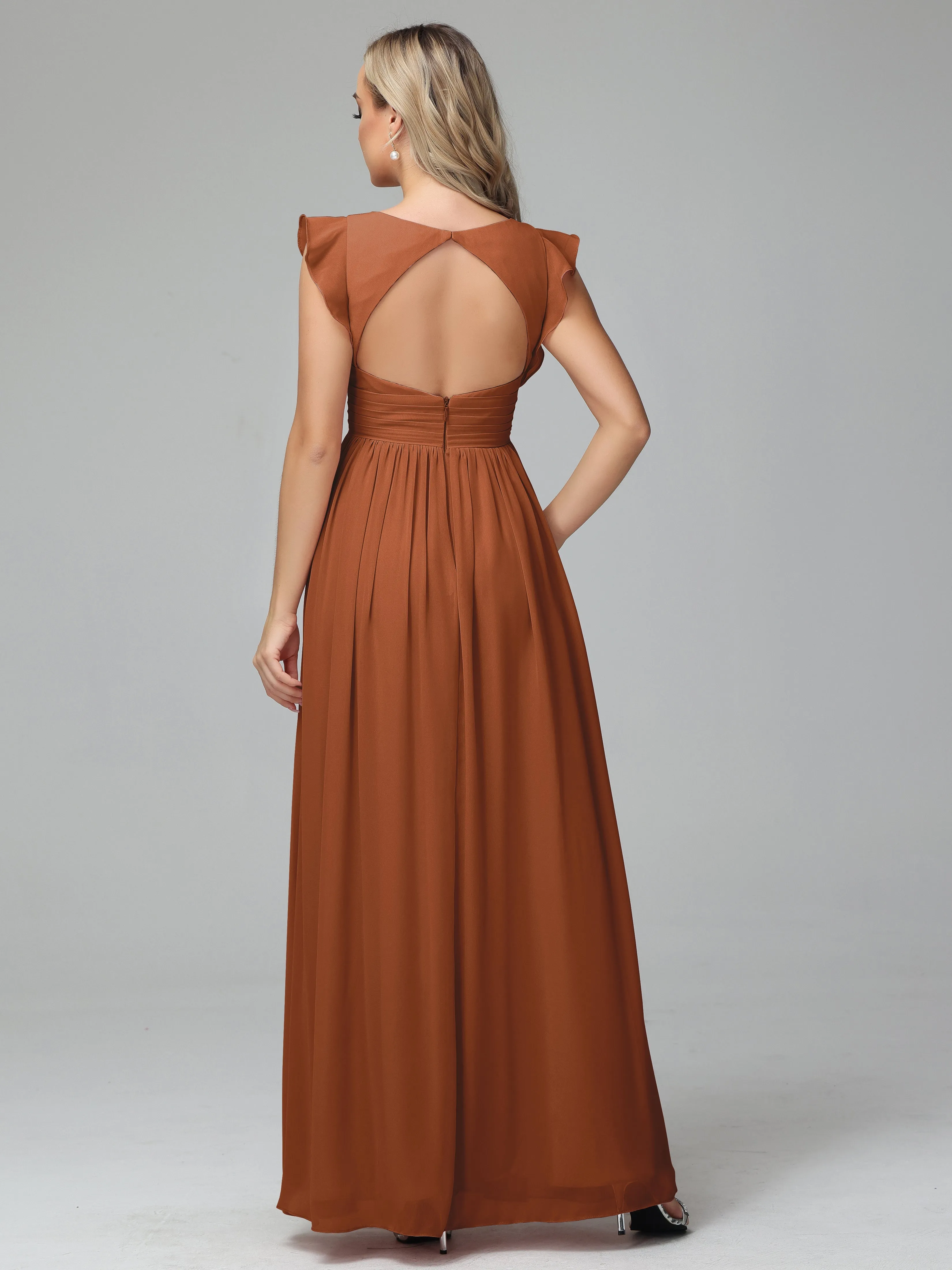 Terracotta Bridesmaid Dresses Bonnie V-Neck Chiffon Bridesmaid Dresses With Ruffle Sleeves