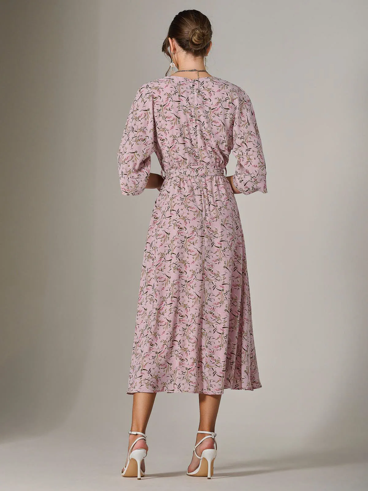 Tie Front Half Sleeve Midi Dress, Pink Floral