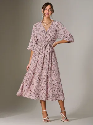Tie Front Half Sleeve Midi Dress, Pink Floral