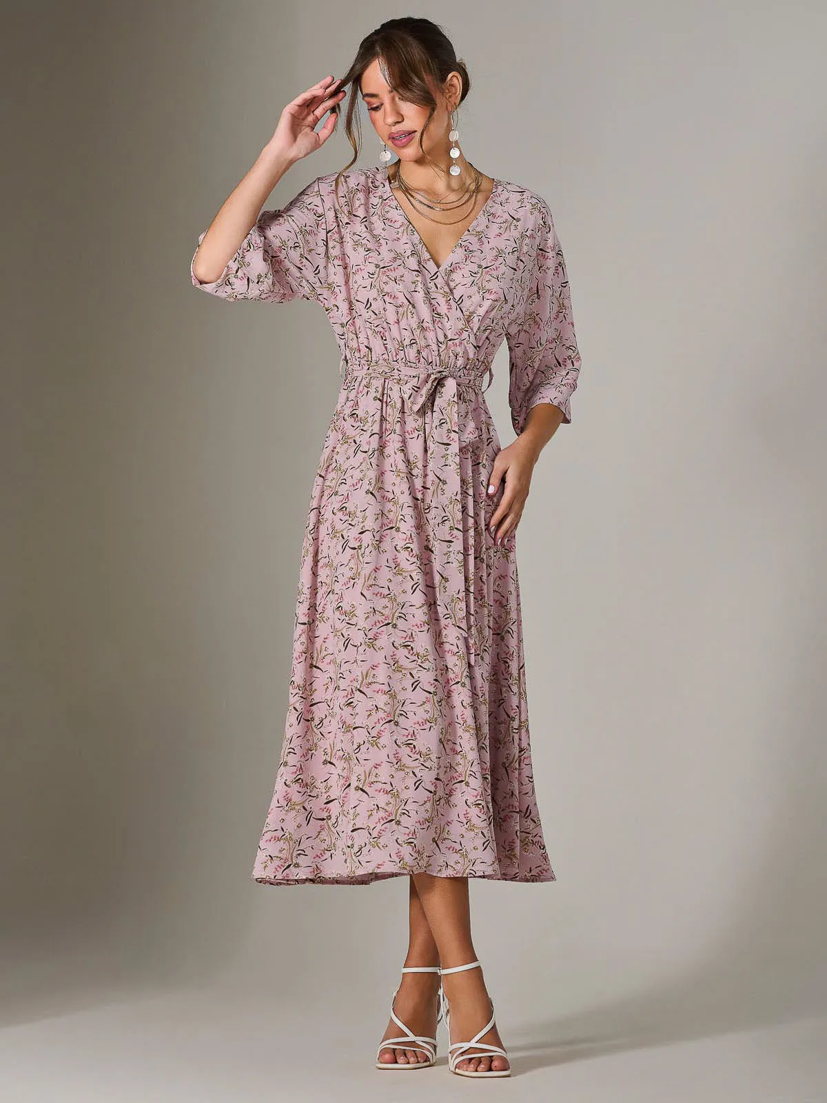 Tie Front Half Sleeve Midi Dress, Pink Floral