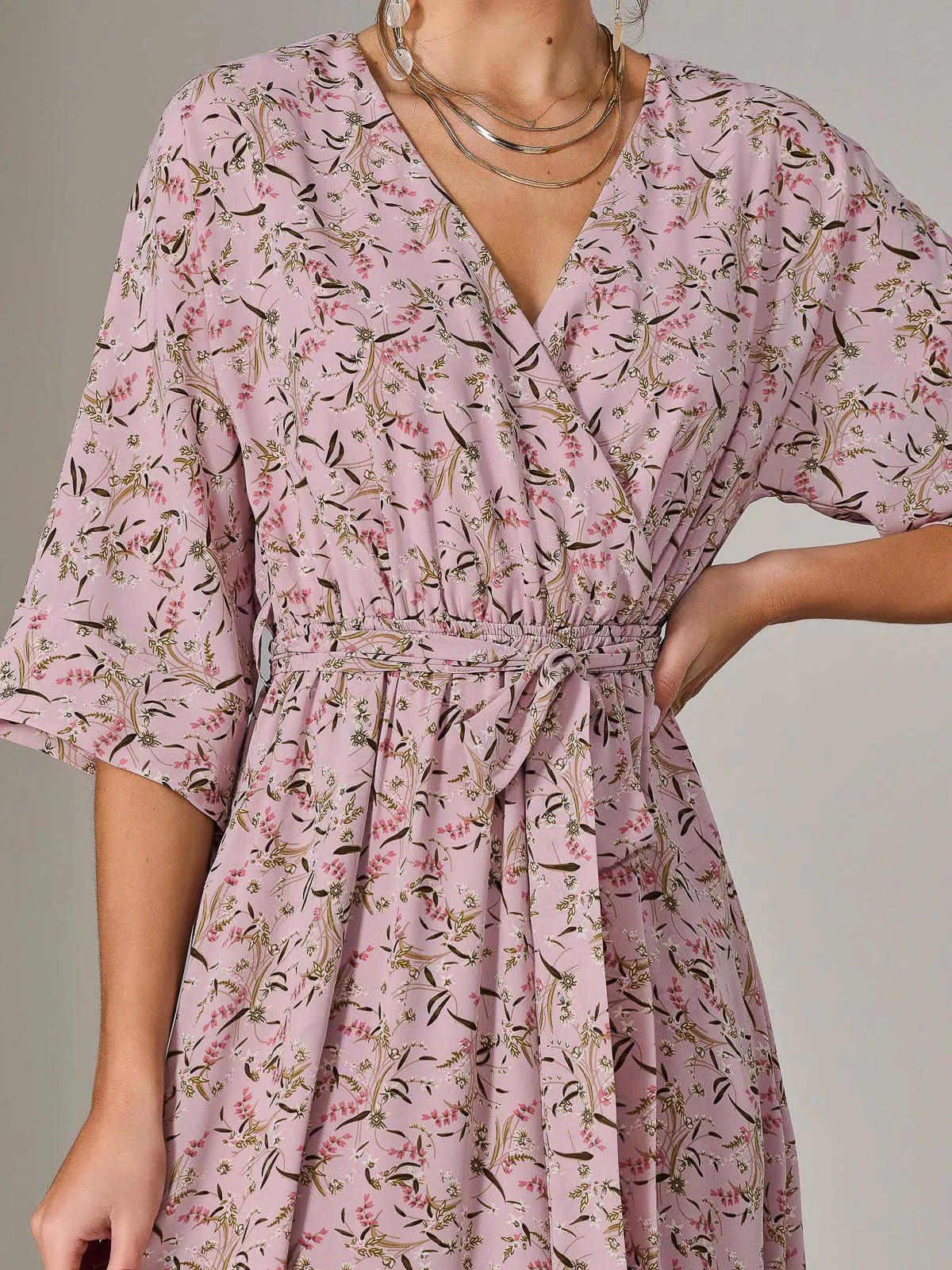 Tie Front Half Sleeve Midi Dress, Pink Floral