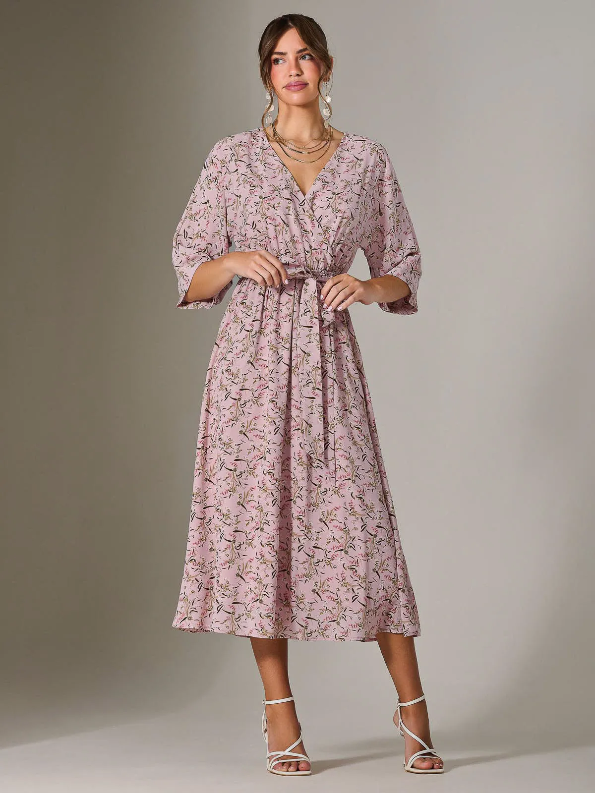 Tie Front Half Sleeve Midi Dress, Pink Floral
