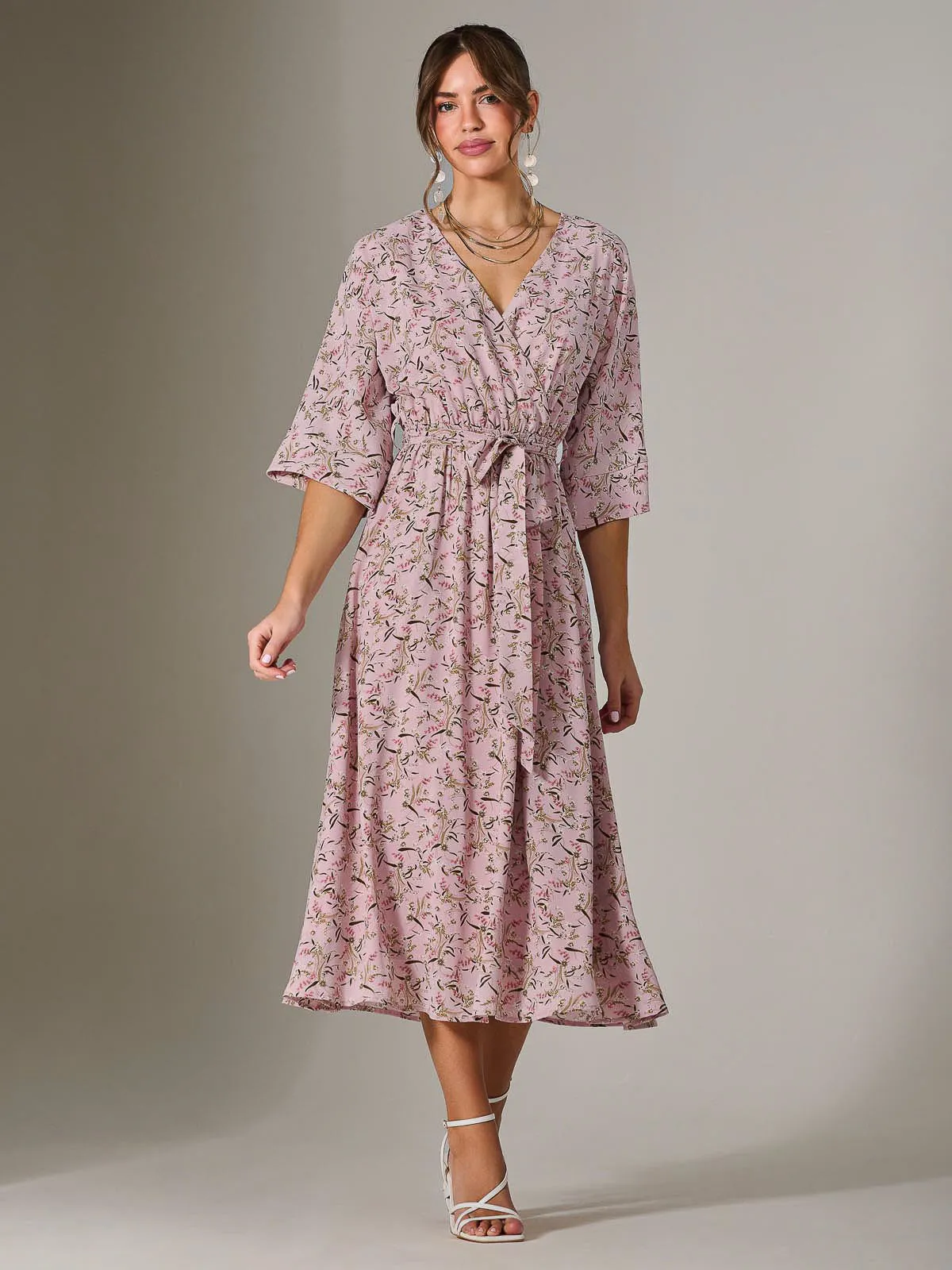 Tie Front Half Sleeve Midi Dress, Pink Floral