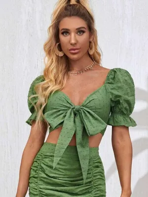 Tie Front Puff Sleeve Swiss Dot Crop Top