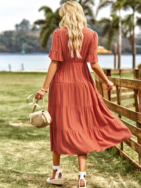 Tiered Short Sleeves Midi Dress in Flowy A-Line Silhouette