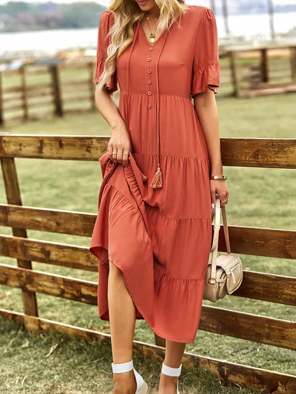 Tiered Short Sleeves Midi Dress in Flowy A-Line Silhouette