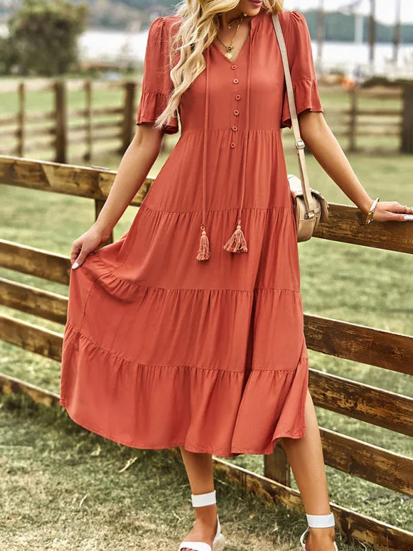 Tiered Short Sleeves Midi Dress in Flowy A-Line Silhouette