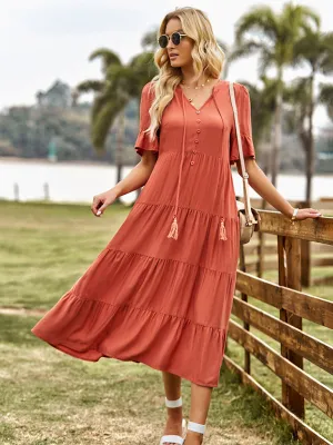 Tiered Short Sleeves Midi Dress in Flowy A-Line Silhouette