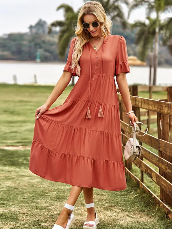 Tiered Short Sleeves Midi Dress in Flowy A-Line Silhouette