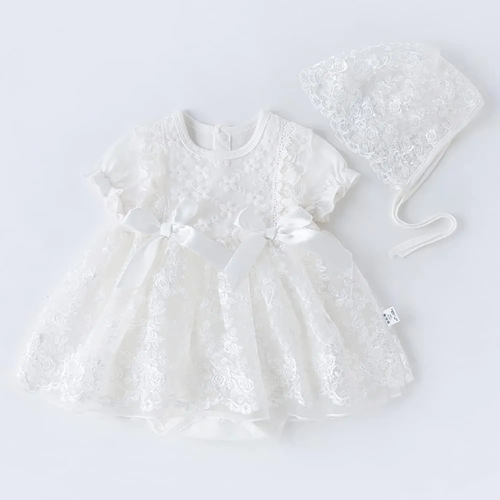 Toddler Baby Girl Long Sleeve Fall Dress Flower Lace Wedding First Birthday Baptism Christening Dresses with Hat Outfit