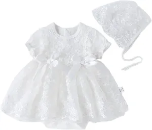 Toddler Baby Girl Long Sleeve Fall Dress Flower Lace Wedding First Birthday Baptism Christening Dresses with Hat Outfit