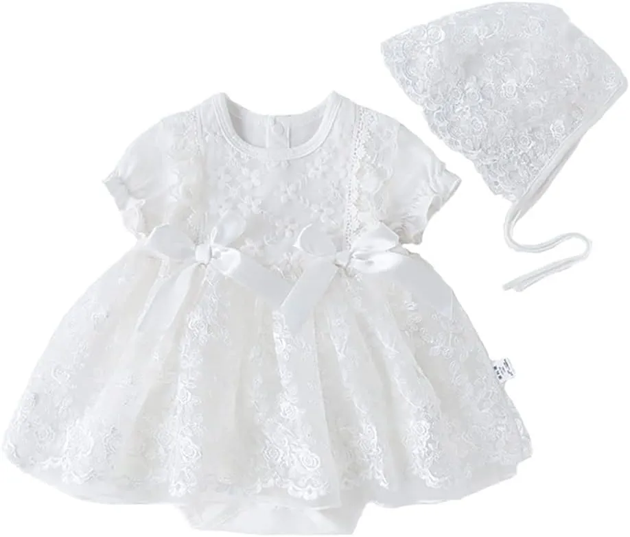 Toddler Baby Girl Long Sleeve Fall Dress Flower Lace Wedding First Birthday Baptism Christening Dresses with Hat Outfit