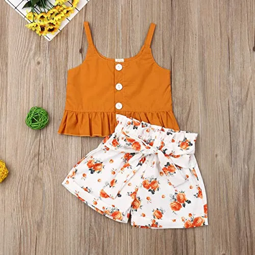 Toddler Kid Baby Girls Halter Floral Top Dress Lace Ruffled T-Shirt Shorts Pants Summer Outfits 1-6Y (2-3Y, Orange)