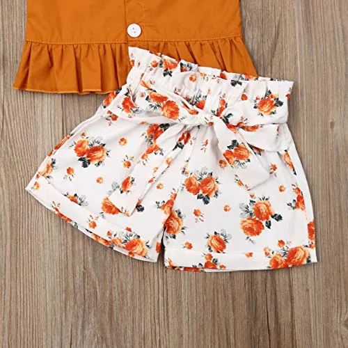 Toddler Kid Baby Girls Halter Floral Top Dress Lace Ruffled T-Shirt Shorts Pants Summer Outfits 1-6Y (2-3Y, Orange)