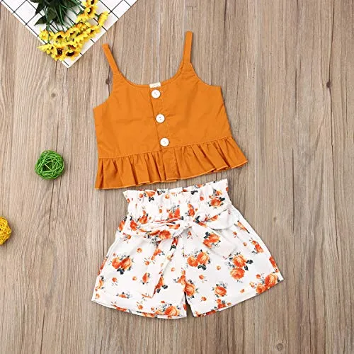 Toddler Kid Baby Girls Halter Floral Top Dress Lace Ruffled T-Shirt Shorts Pants Summer Outfits 1-6Y (2-3Y, Orange)