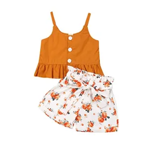 Toddler Kid Baby Girls Halter Floral Top Dress Lace Ruffled T-Shirt Shorts Pants Summer Outfits 1-6Y (2-3Y, Orange)