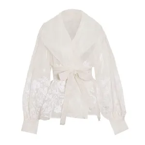 Transparent Shawl Collar Tie Belt Lantern Sleeve Floral Organza Blouse