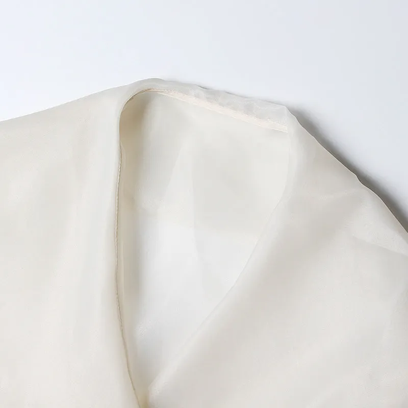 Transparent Shawl Collar Tie Belt Lantern Sleeve Floral Organza Blouse
