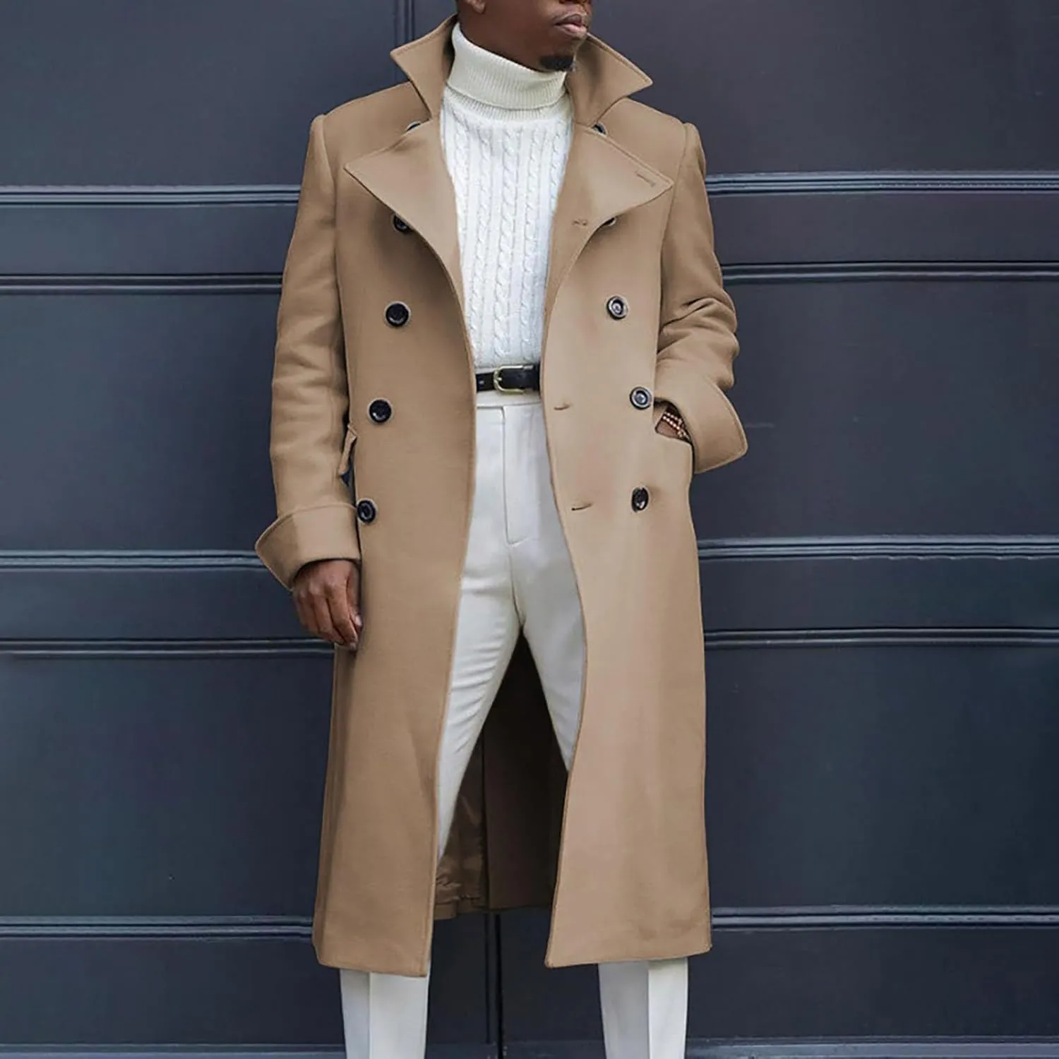 Trench Coat Slim Fit Notch Lapel Woolen Double Breasted Extended Coat Long Trench Coat Casual Blend Trench Coat