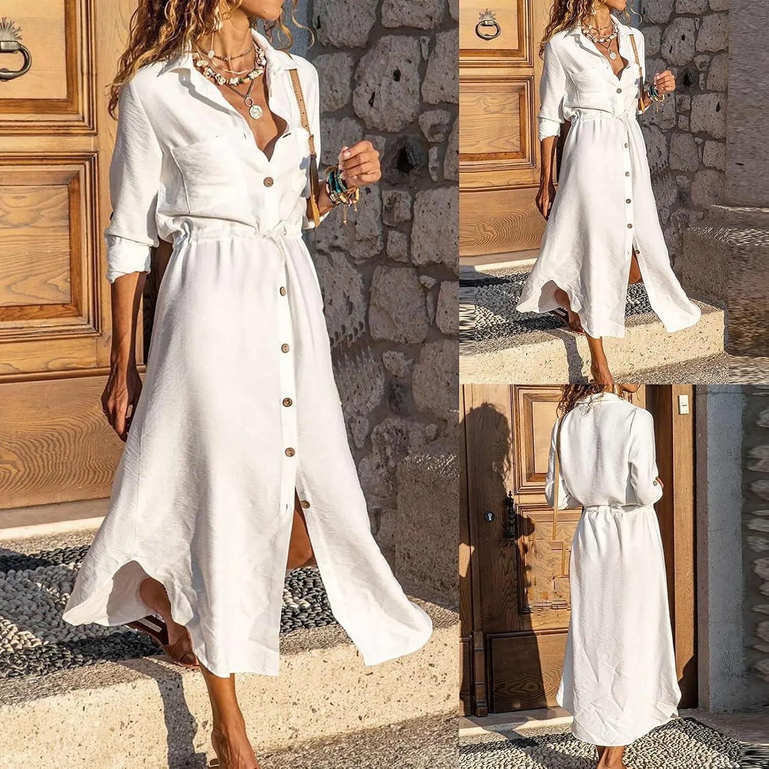 tuduoms Summer Women Linen Button Down Shirt Dress Roll Up Sleeve Lapel V Neck Casual Fitted Flowy Maxi Dress with Tie Waist