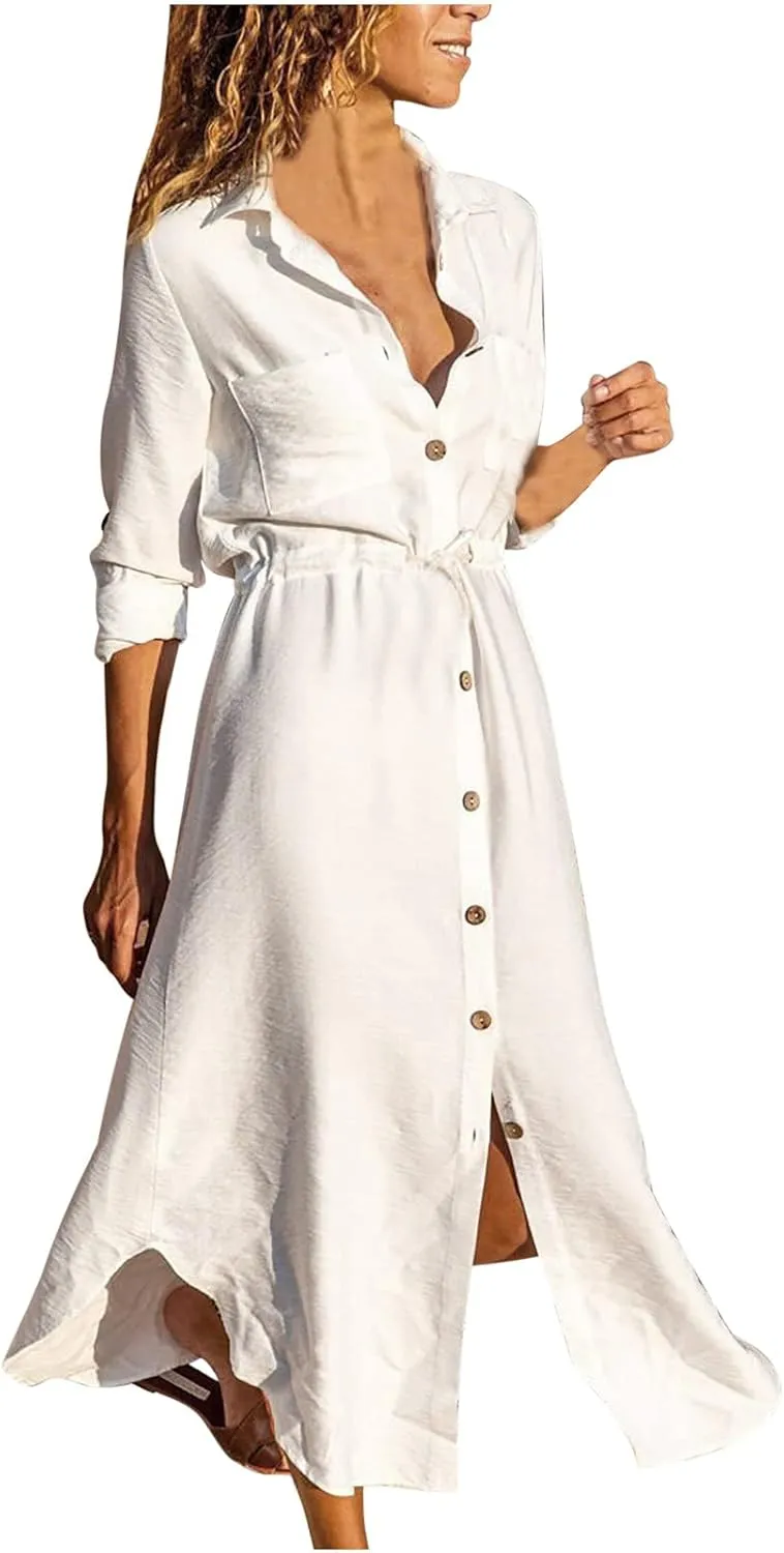 tuduoms Summer Women Linen Button Down Shirt Dress Roll Up Sleeve Lapel V Neck Casual Fitted Flowy Maxi Dress with Tie Waist