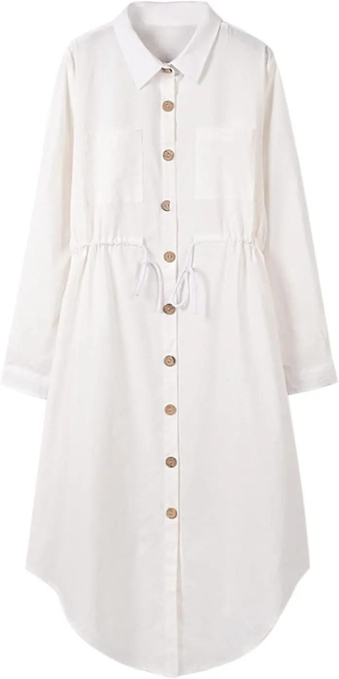 tuduoms Summer Women Linen Button Down Shirt Dress Roll Up Sleeve Lapel V Neck Casual Fitted Flowy Maxi Dress with Tie Waist