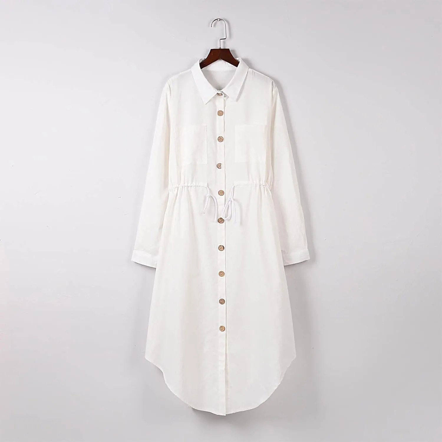 tuduoms Summer Women Linen Button Down Shirt Dress Roll Up Sleeve Lapel V Neck Casual Fitted Flowy Maxi Dress with Tie Waist