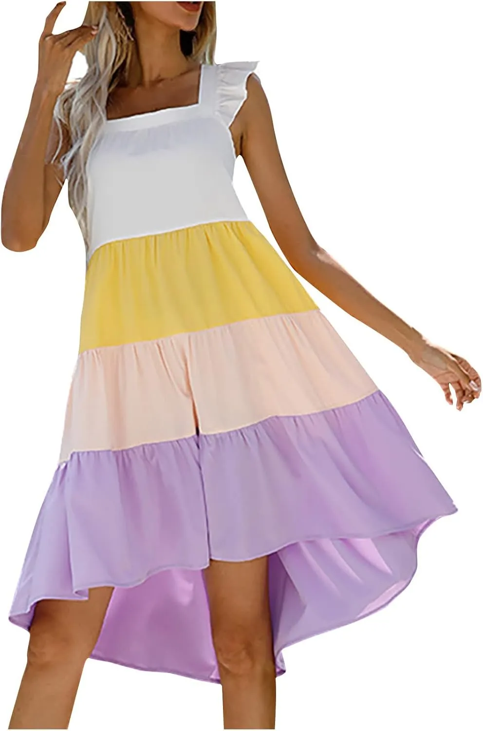 tuduoms Summer Womens Shift Tunic Dress Cute Square Neck Sleeveless Ruffle Casual Loose Flowy Babydoll Swing Mini Dresses