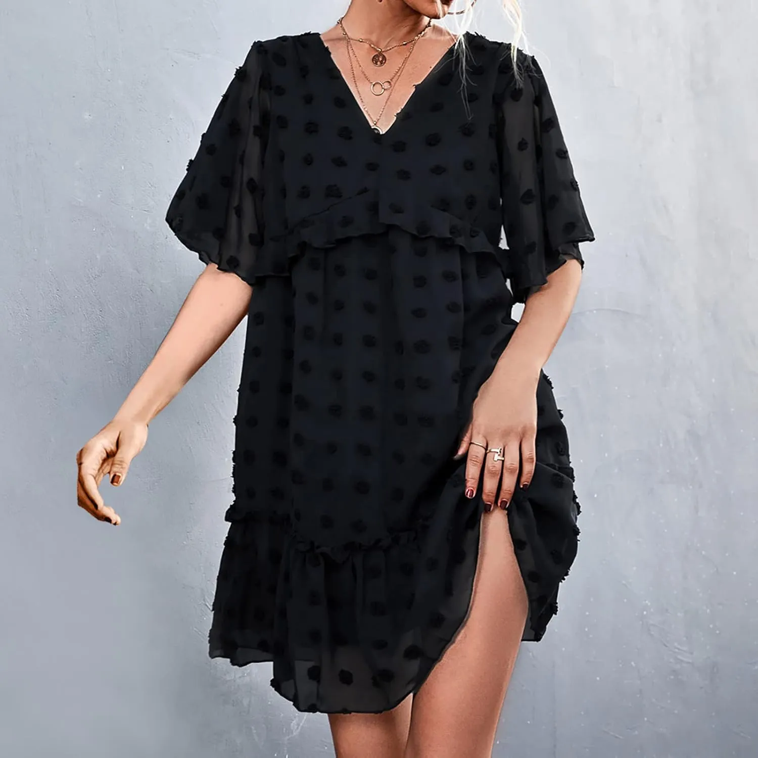 tuduoms Swiss Dot Dress Womens Summer Flowy Chiffon Shift Babydoll Dress V Neck Beach Casual Loose Ruffle Short Mini Dresses
