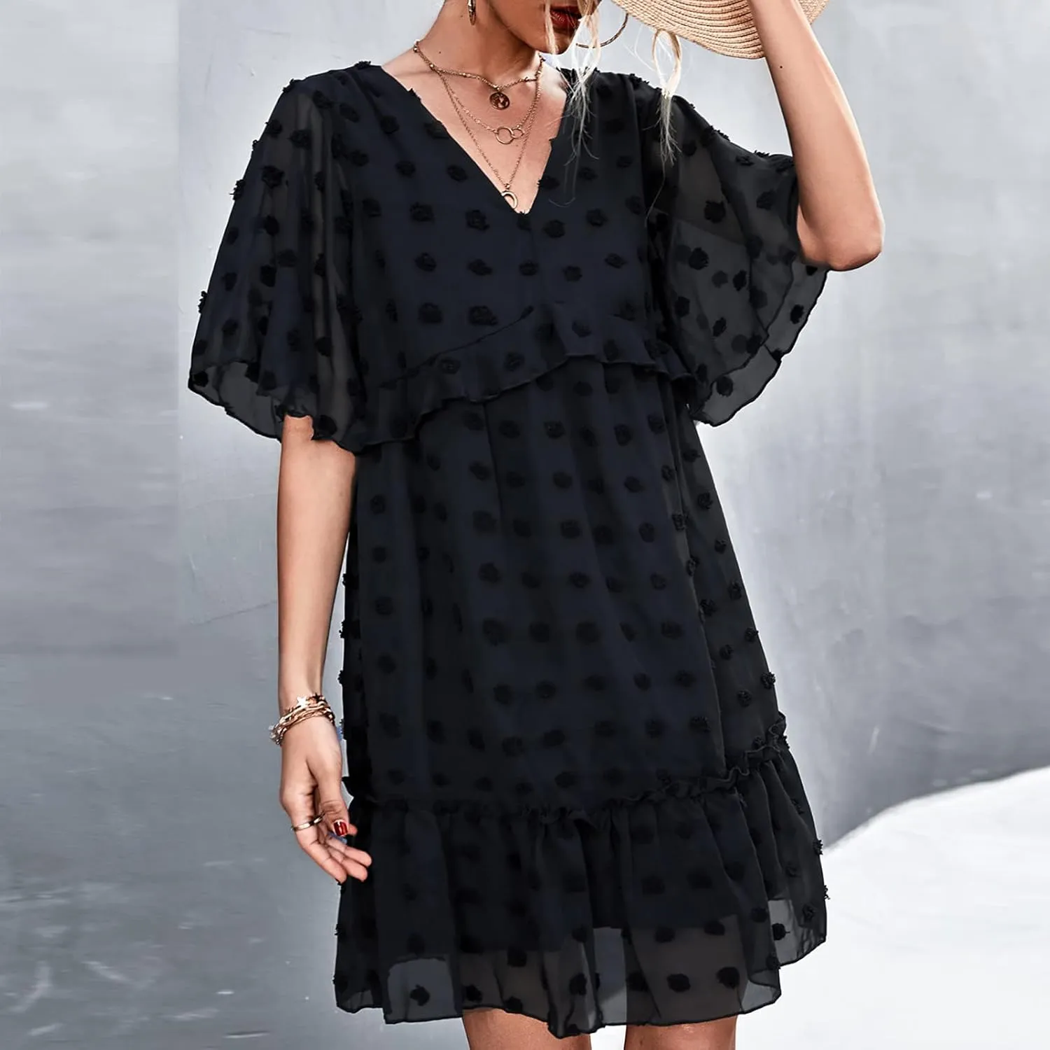 tuduoms Swiss Dot Dress Womens Summer Flowy Chiffon Shift Babydoll Dress V Neck Beach Casual Loose Ruffle Short Mini Dresses