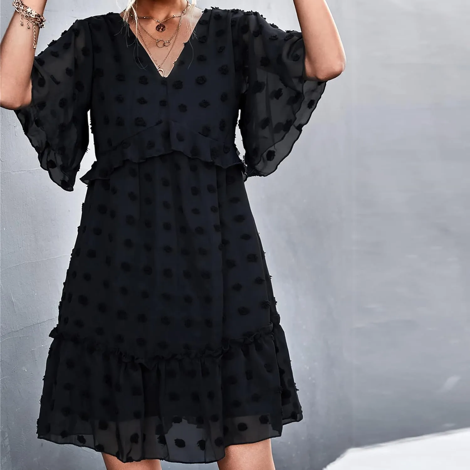 tuduoms Swiss Dot Dress Womens Summer Flowy Chiffon Shift Babydoll Dress V Neck Beach Casual Loose Ruffle Short Mini Dresses