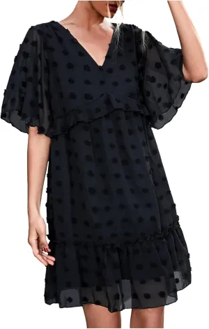 tuduoms Swiss Dot Dress Womens Summer Flowy Chiffon Shift Babydoll Dress V Neck Beach Casual Loose Ruffle Short Mini Dresses