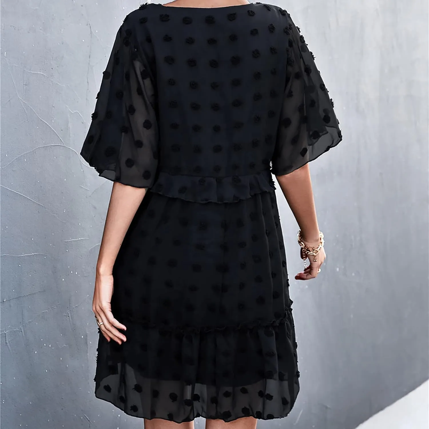 tuduoms Swiss Dot Dress Womens Summer Flowy Chiffon Shift Babydoll Dress V Neck Beach Casual Loose Ruffle Short Mini Dresses