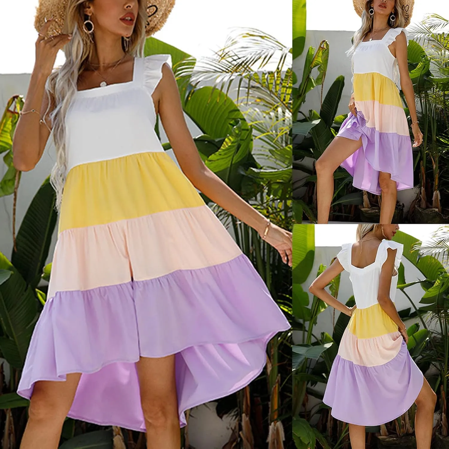 tuduoms Women's Color Block Shift Tunic Dress Cute Ruffle Sleeveless Babydoll Dress Summer Loose Flowy Swing Midi Dresses