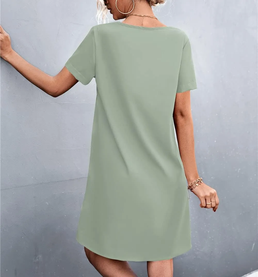 tuduoms Women's Fashion Shift Dress Hollow Out Lace Scalloped Trim V Neck Mini Dress Casual Loose Short Sleeve Tunic Dresses