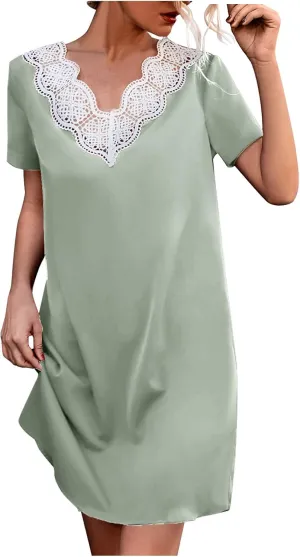 tuduoms Women's Fashion Shift Dress Hollow Out Lace Scalloped Trim V Neck Mini Dress Casual Loose Short Sleeve Tunic Dresses