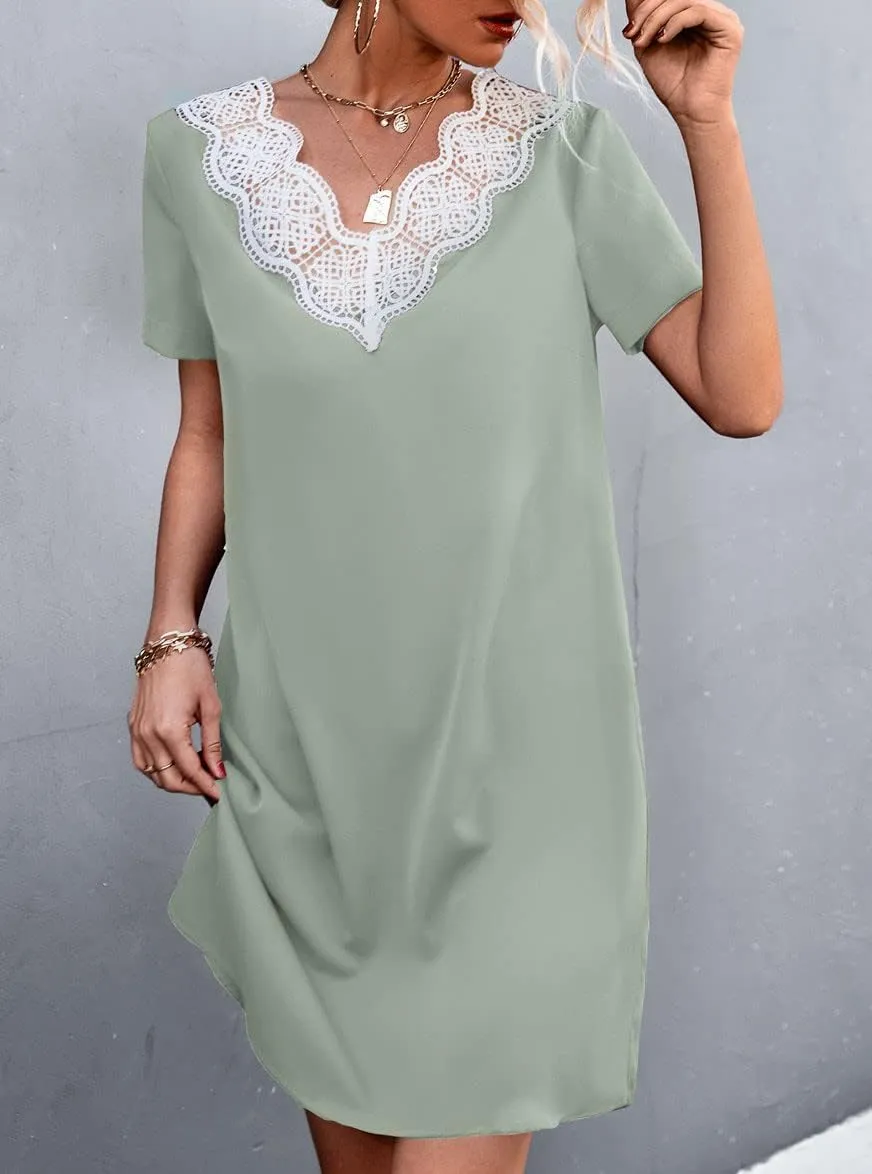 tuduoms Women's Fashion Shift Dress Hollow Out Lace Scalloped Trim V Neck Mini Dress Casual Loose Short Sleeve Tunic Dresses