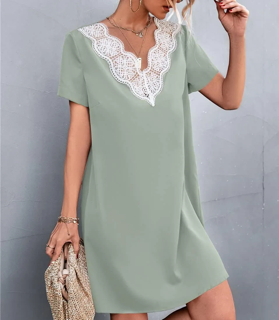 tuduoms Women's Fashion Shift Dress Hollow Out Lace Scalloped Trim V Neck Mini Dress Casual Loose Short Sleeve Tunic Dresses