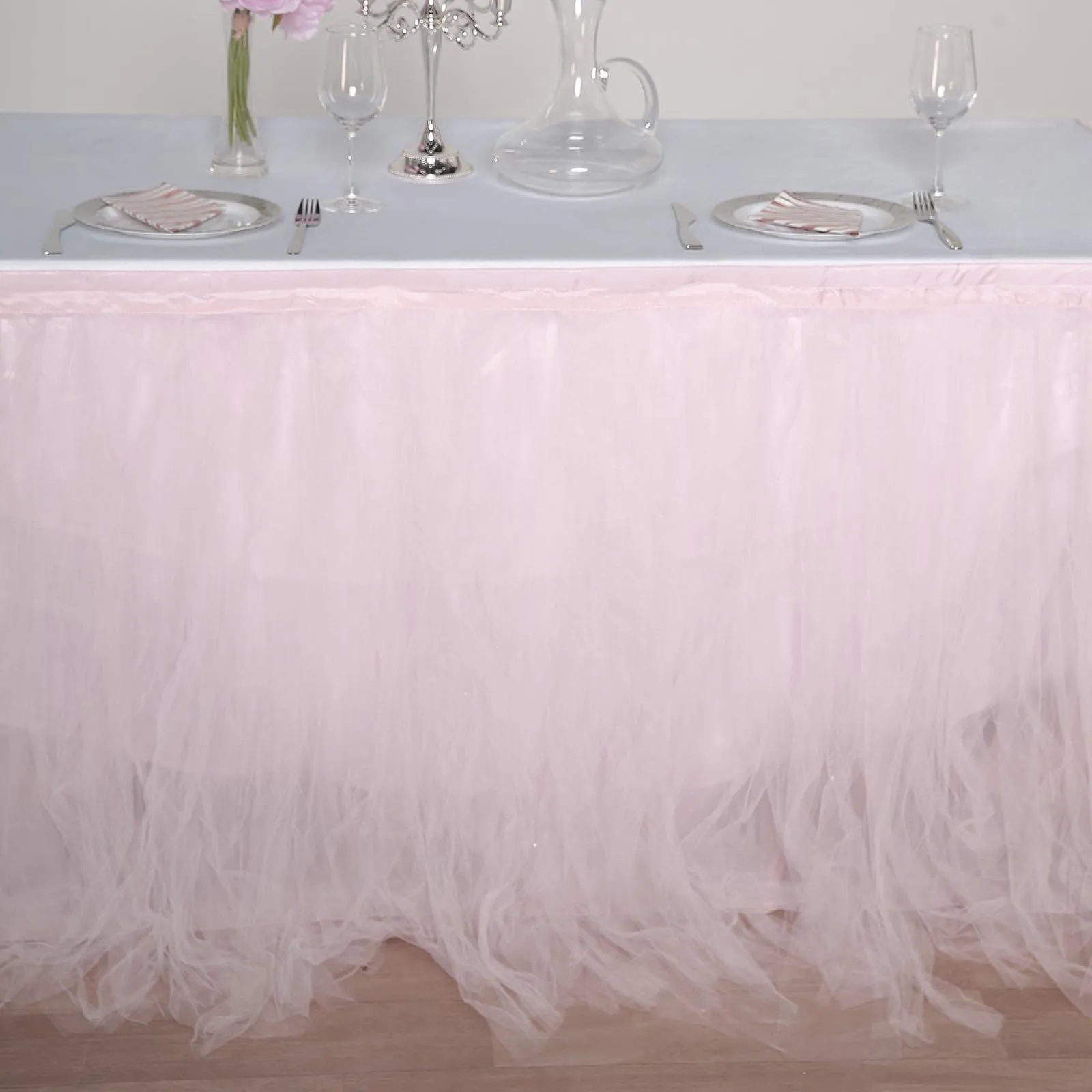 Tulle Table Skirt 21ft Blush - 4 Layer Pleated Tutu Table Cover