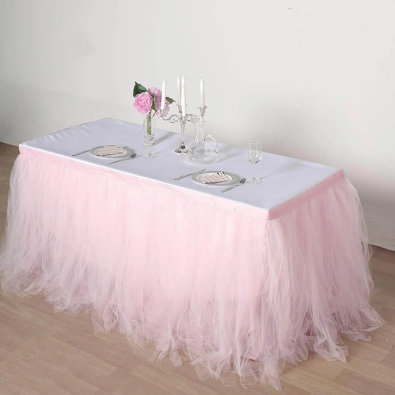 Tulle Table Skirt 21ft Blush - 4 Layer Pleated Tutu Table Cover