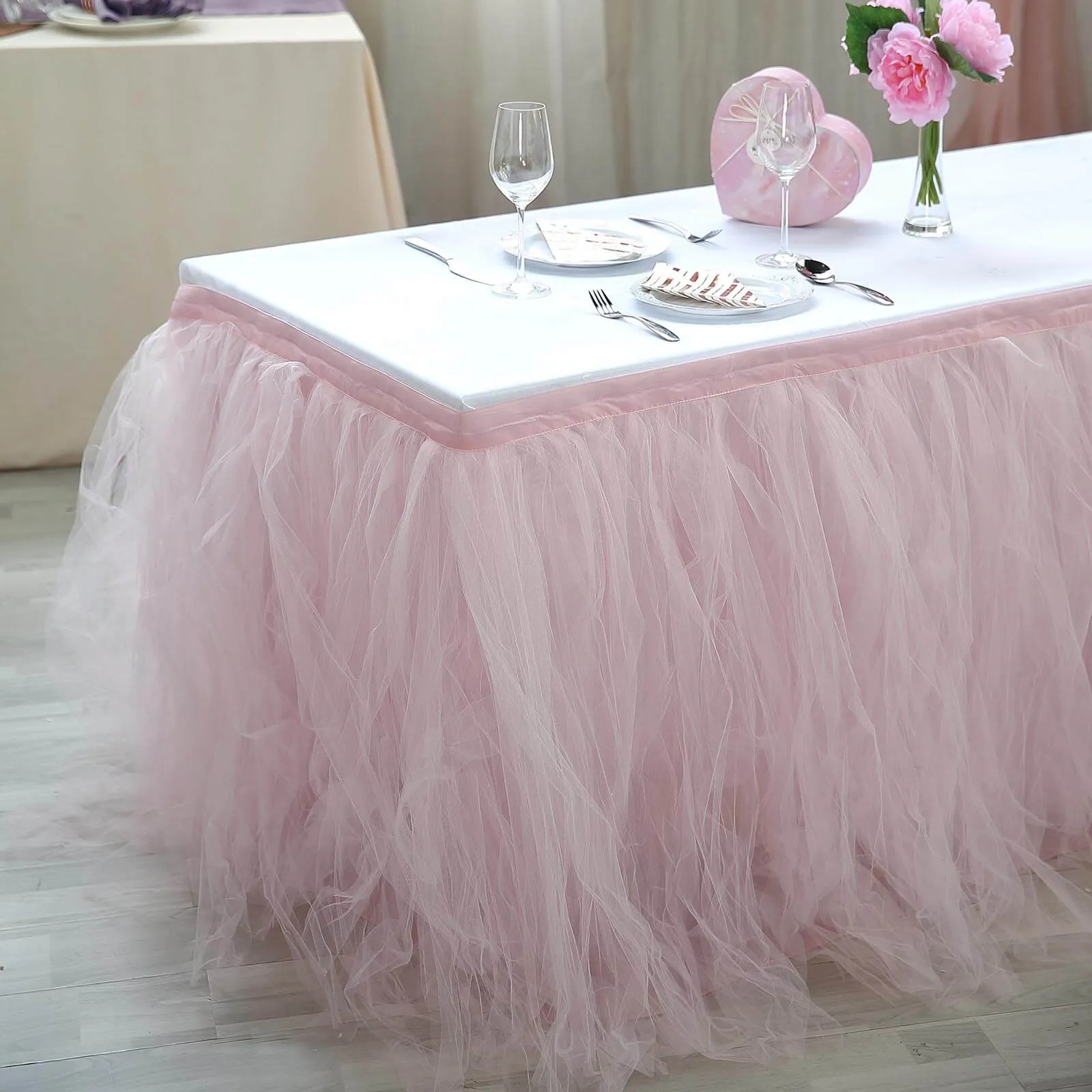 Tulle Table Skirt 21ft Blush - 4 Layer Pleated Tutu Table Cover
