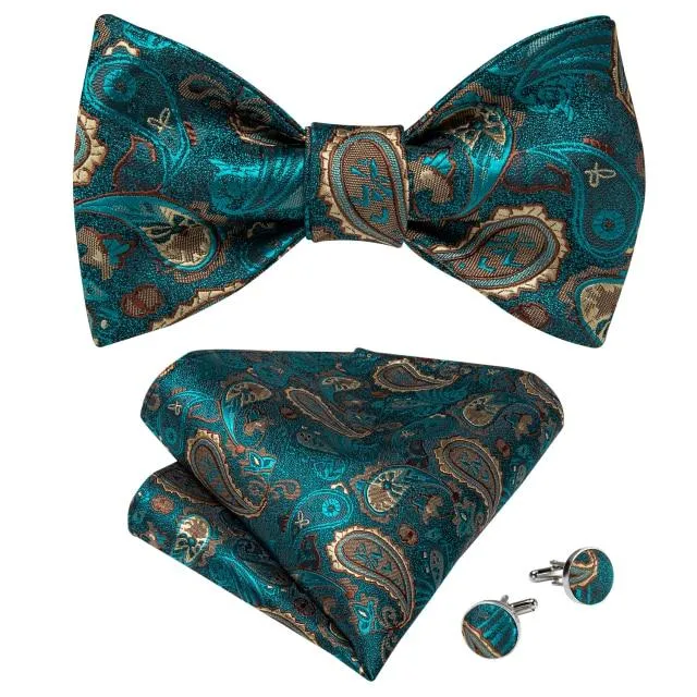Turquoise Blue & Tan Paisley Matching Bowtie Set (3pc)